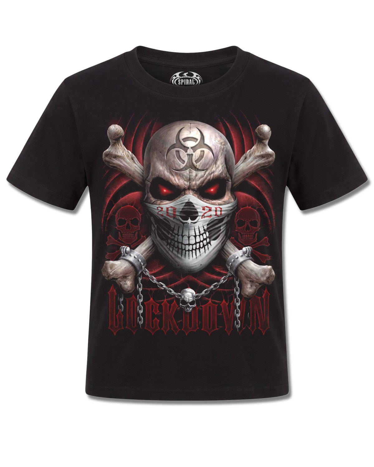 Spiral Lockdown 2020 design, front view on Black K121, Rock Off Retail official merch