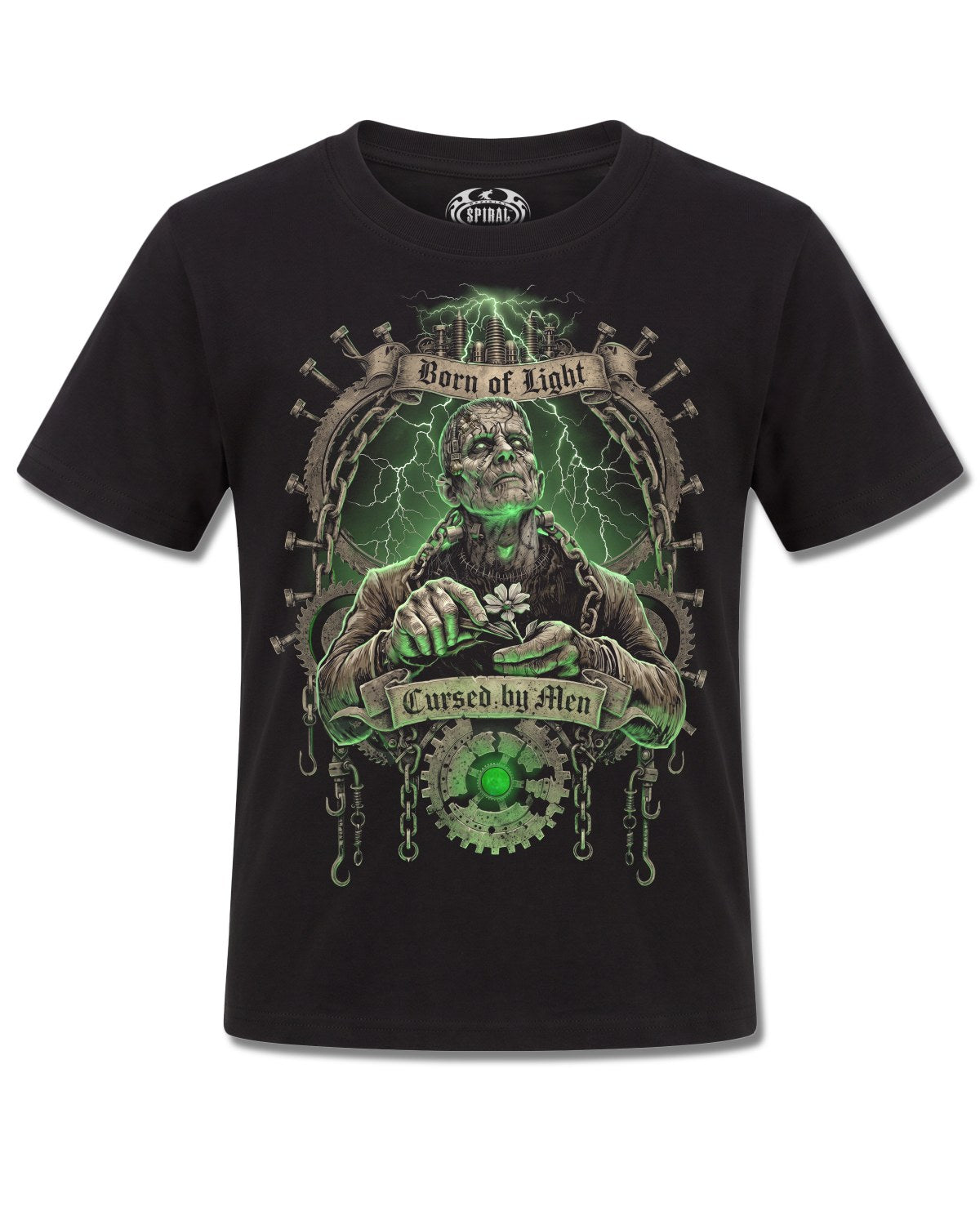 Spiral Cursed By Men design, front view on Black K121, Rock Off Retail official merch
