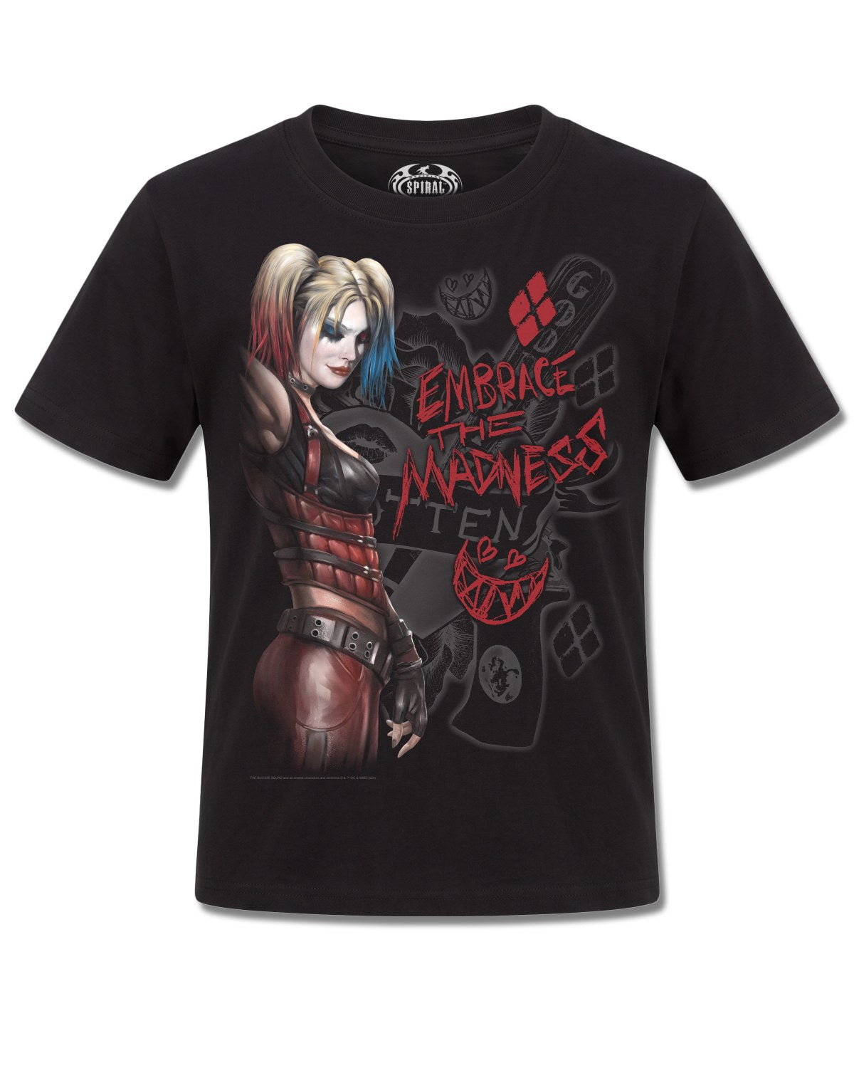 DC Comics Harley Quinn Embrace Madness (Harley Quinn) design, front view on Black K121, Rock Off Retail official merch