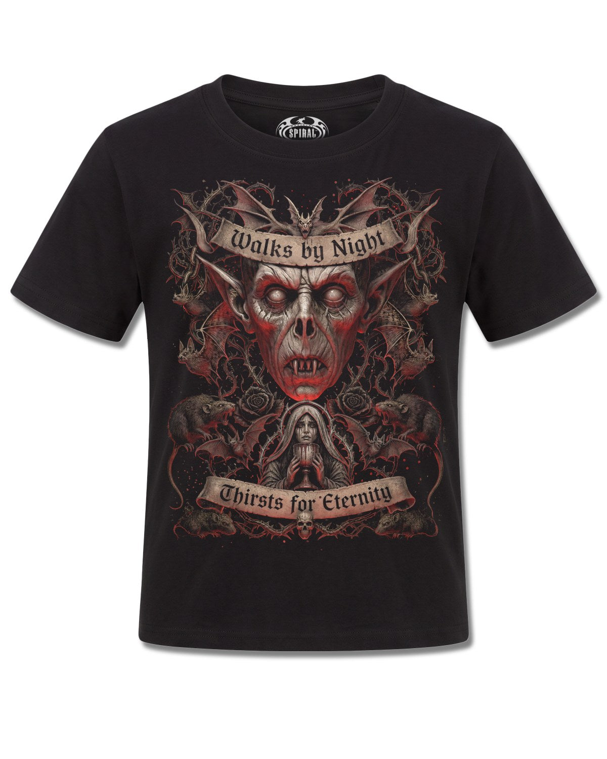 Spiral Walks By Night design, front view on Black K121, Rock Off Retail official merch