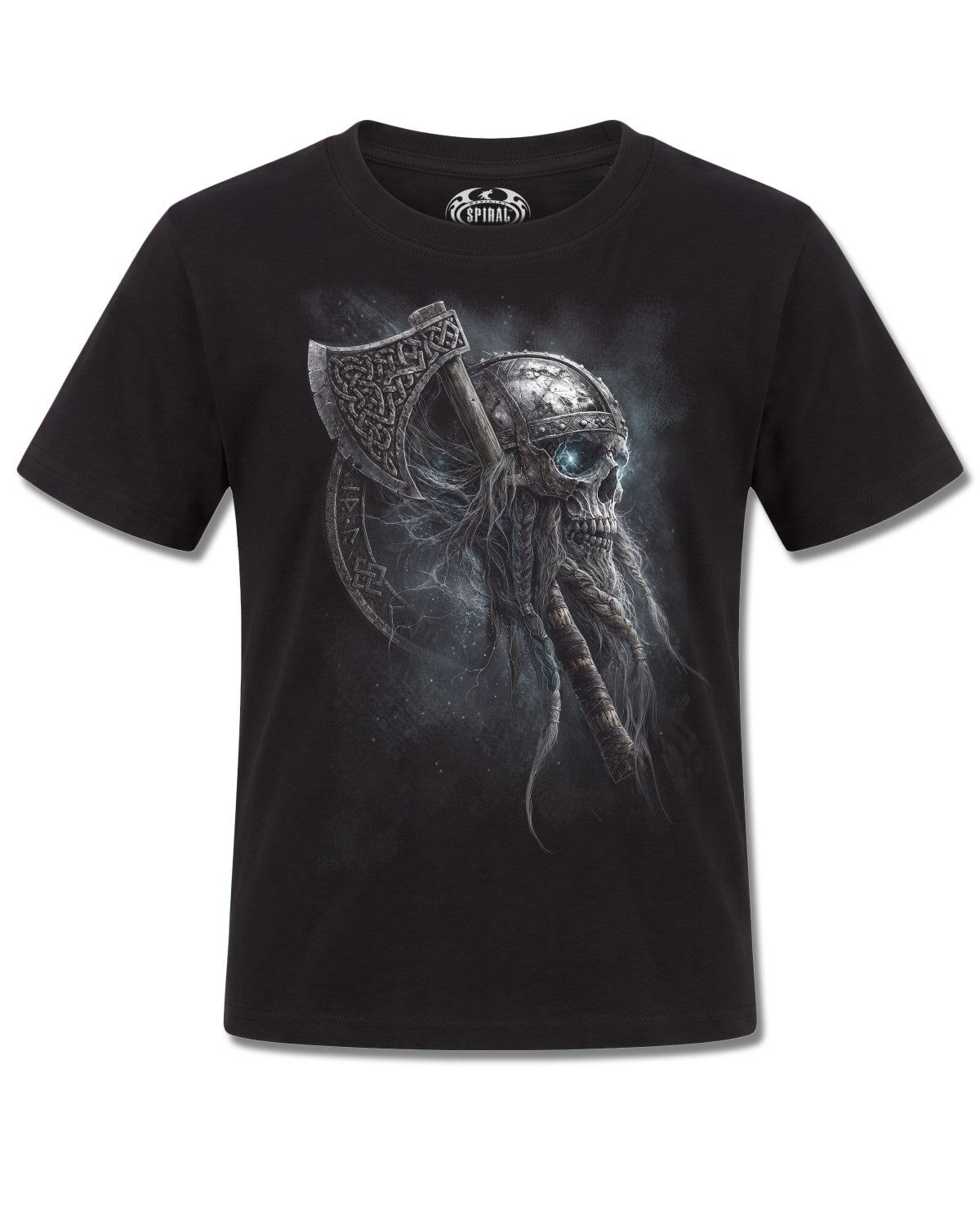 Spiral Viking Rampage design, front view on Black K121, Rock Off Retail official merch