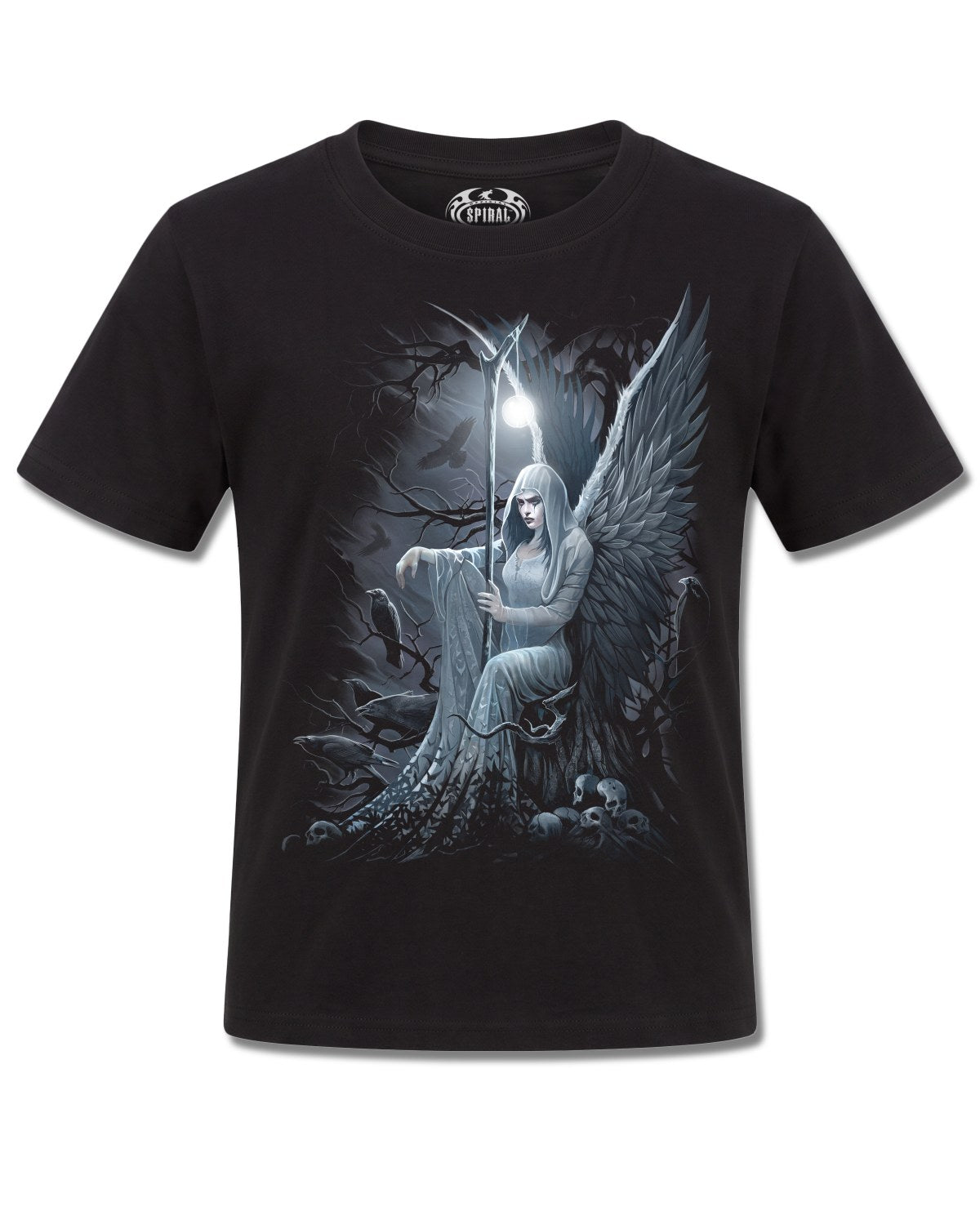 Spiral Ethereal Angel design, front view on Black K121, Rock Off Retail official merch
