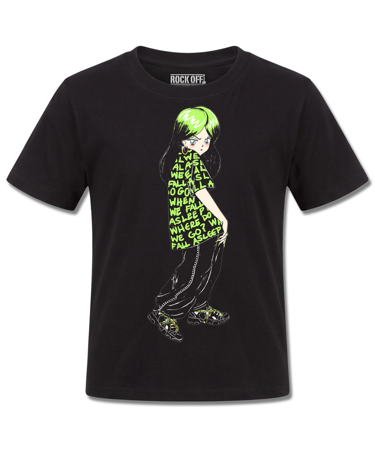 Billie Eilish Anime Billie (Billie Eilish) design, front view on Black K121, Rock Off Retail official merch