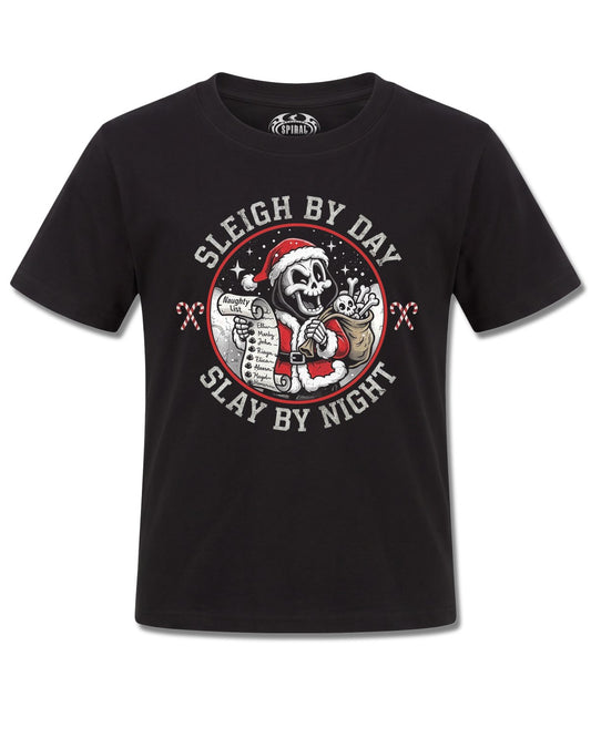 Spiral Slay By Night design, front view on Black K121, Rock Off Retail official merch