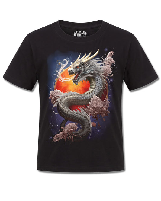 Spiral Sun Dragon design, front view on Black K121, Rock Off Retail official merch