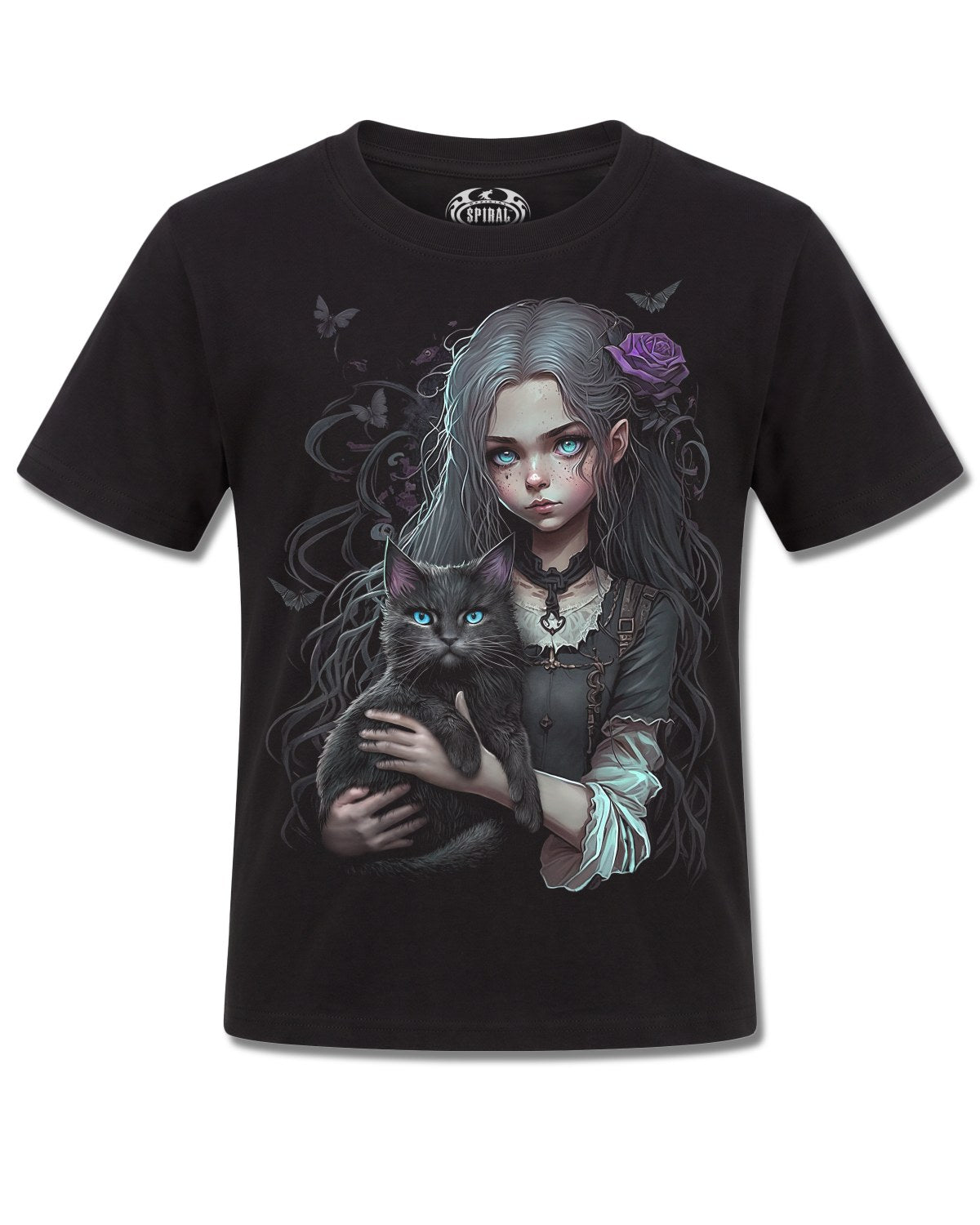 Spiral Goth Familiar design, front view on Black K121, Rock Off Retail official merch