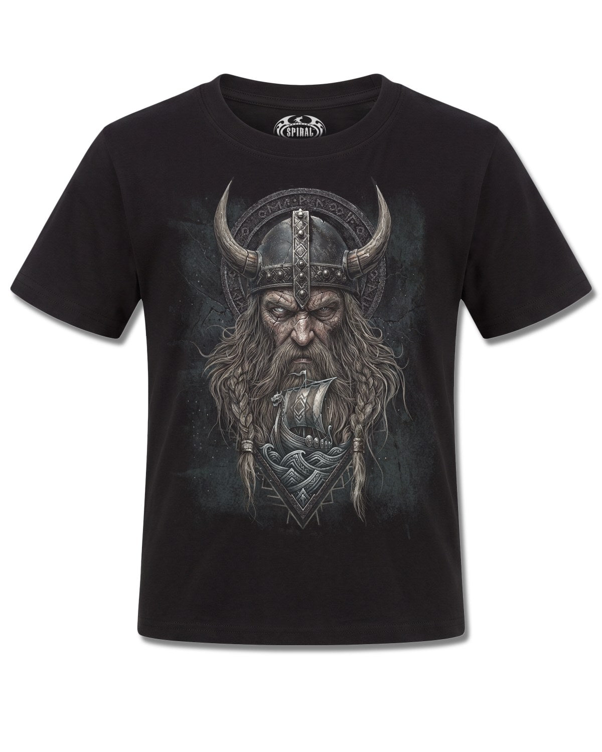 Spiral Viking Norseman design, front view on Black K121, Rock Off Retail official merch