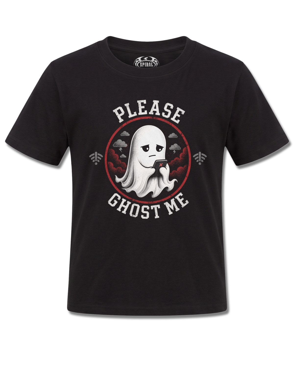 Spiral Ghost Me design, front view on Black K121, Rock Off Retail official merch