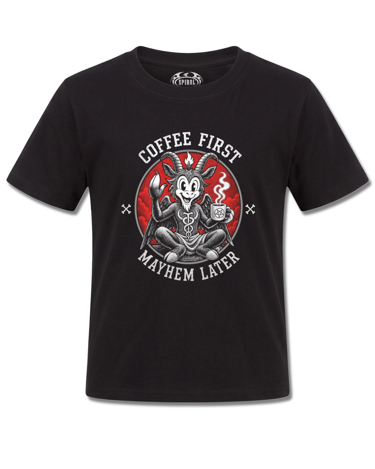 Spiral Coffee And Mayhem design, front view on Black K121, Rock Off Retail official merch