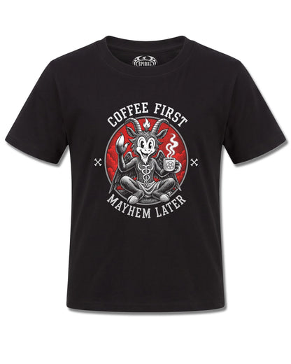 Spiral Coffee And Mayhem design, front view on Black K121, Rock Off Retail official merch