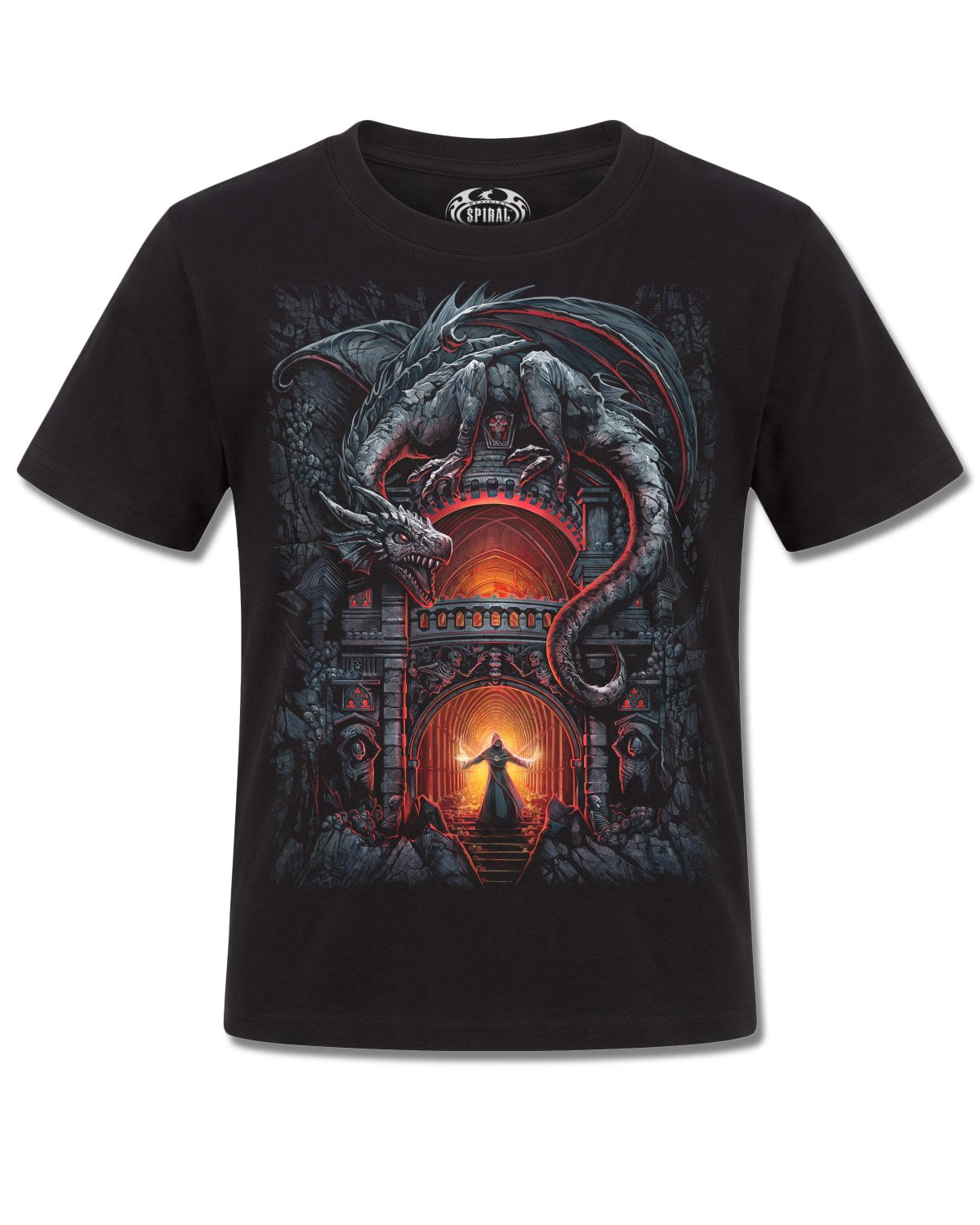 Spiral Dragon's Lair design, front view on Black K121, Rock Off Retail official merch