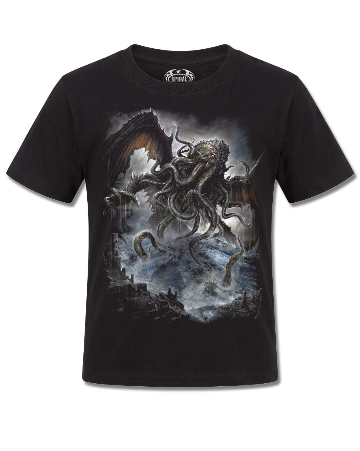 Spiral Cthulhu design, front view on Black K121, Rock Off Retail official merch