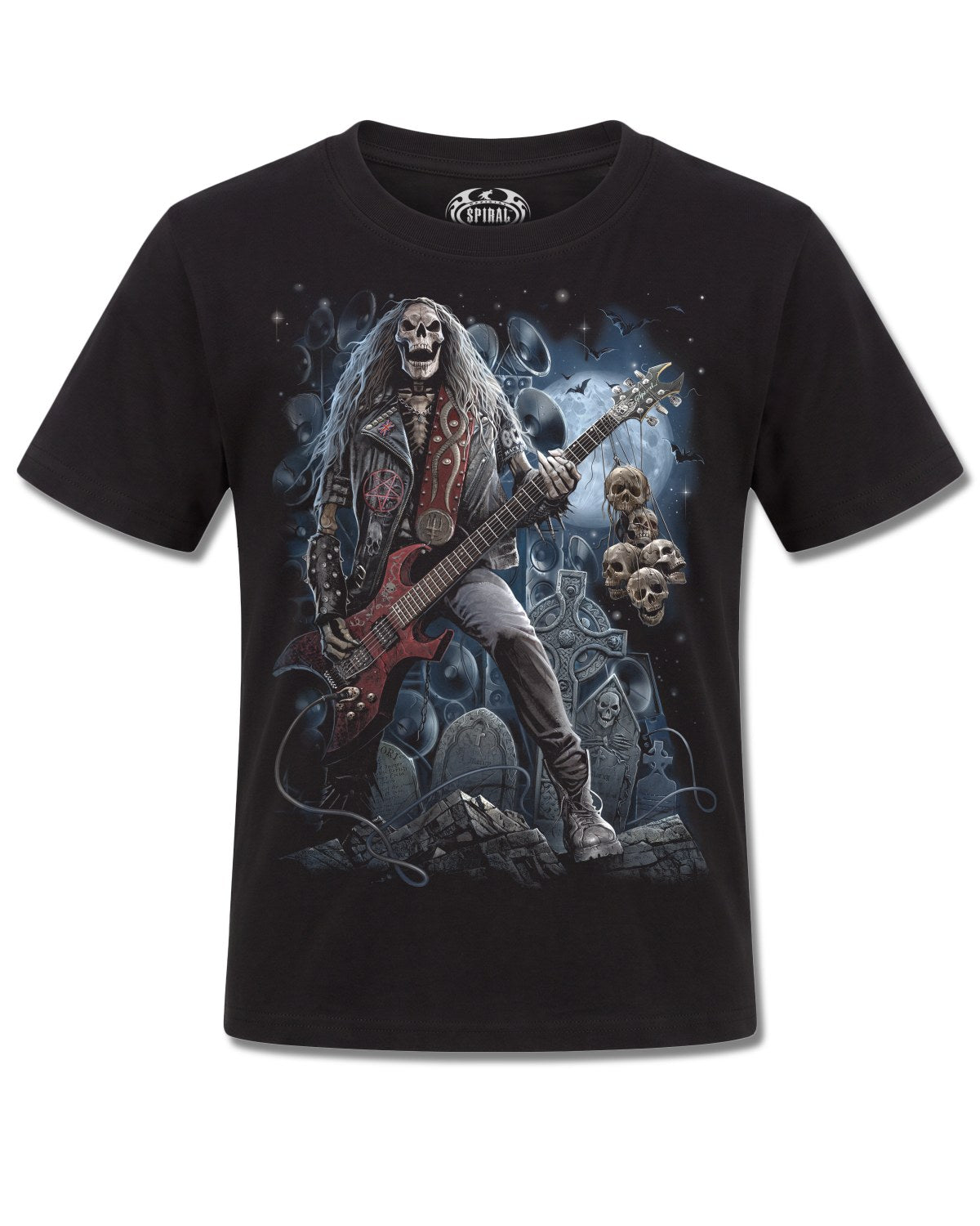 Spiral Grim Rocker design, front view on Black K121, Rock Off Retail official merch