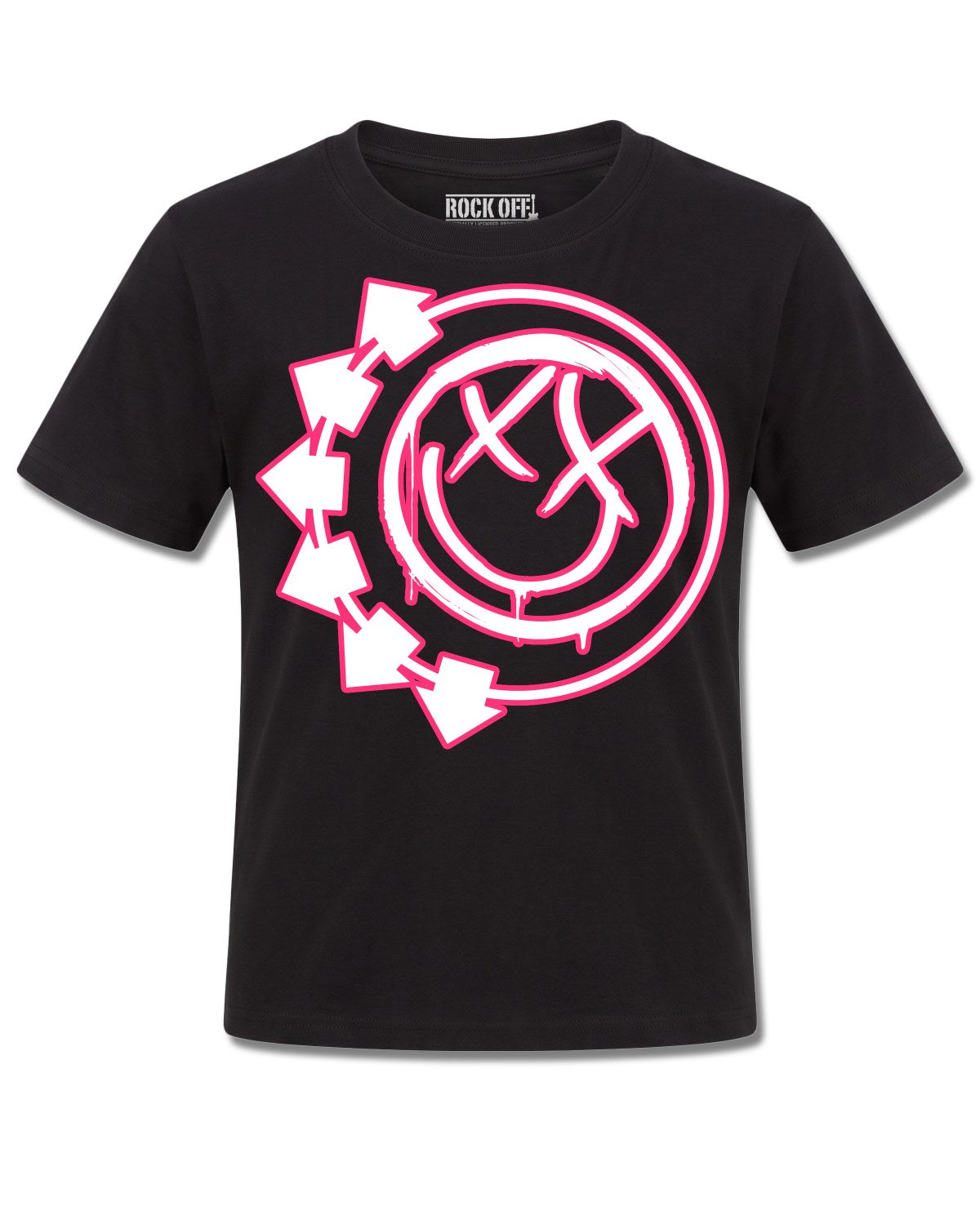 Blink-182 Six Arrow Smile (blink-182) design, front view on Black K121, Rock Off Retail official merch