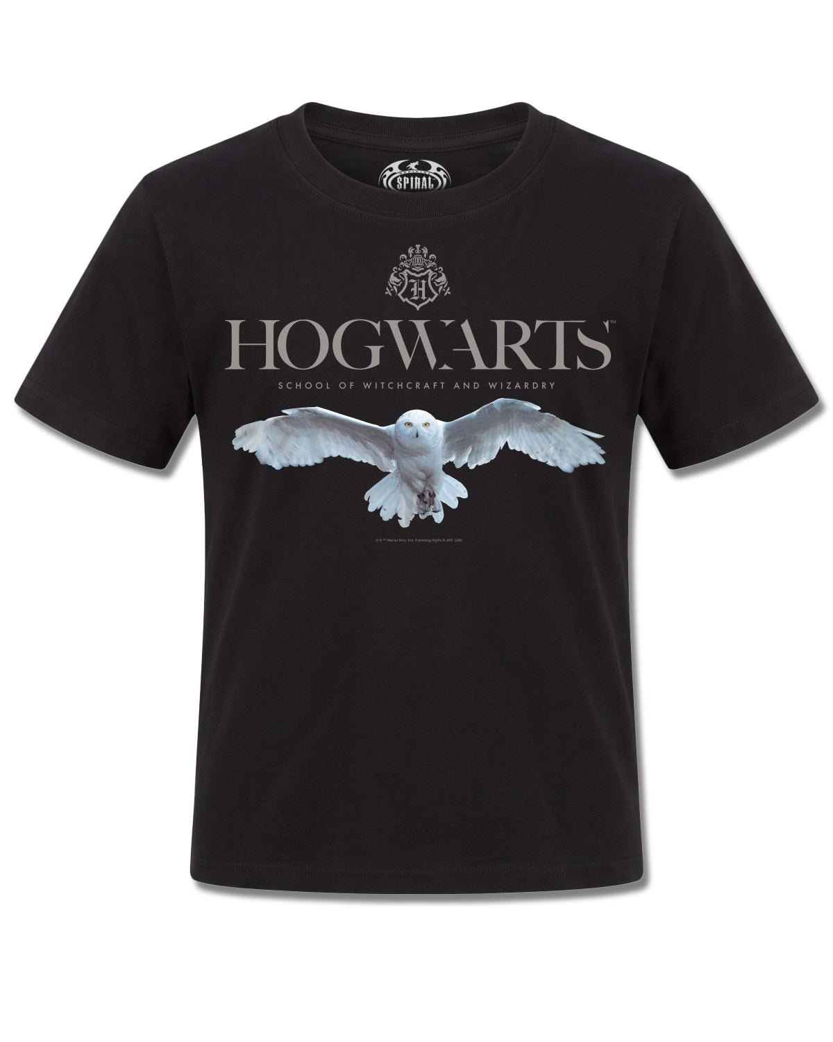 Harry Potter Hedwig Hogwarts Logo (Harry Potter) design, front view on Black K121, Rock Off Retail official merch