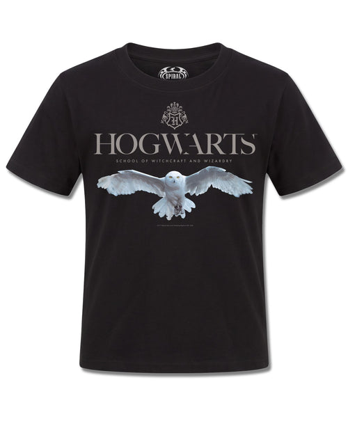 Harry Potter Hedwig Hogwarts Logo (Harry Potter) design, front view on Black K121, Rock Off Retail official merch