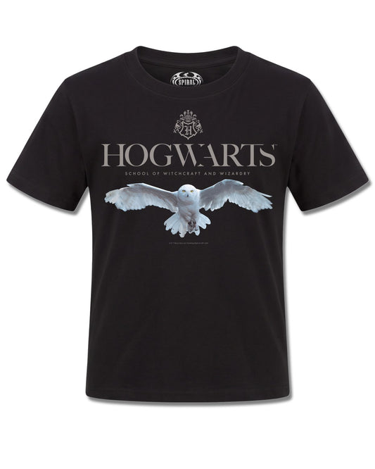 Harry Potter Hedwig Hogwarts Logo (Harry Potter) design, front view on Black K121, Rock Off Retail official merch