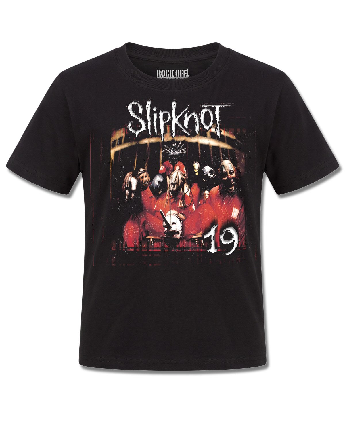 Slipknot Debut Album 19 Years (Slipknot) design, front view on Black K121, Rock Off Retail official merch