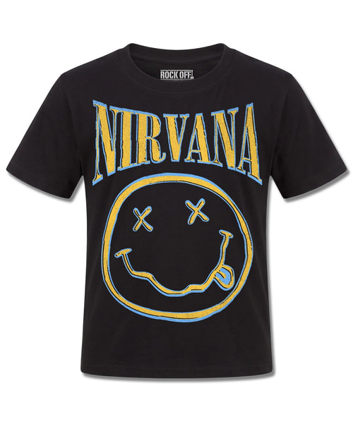 Nirvana Yellow Happy Face (Nirvana) design, front view on Black K121, Rock Off Retail official merch