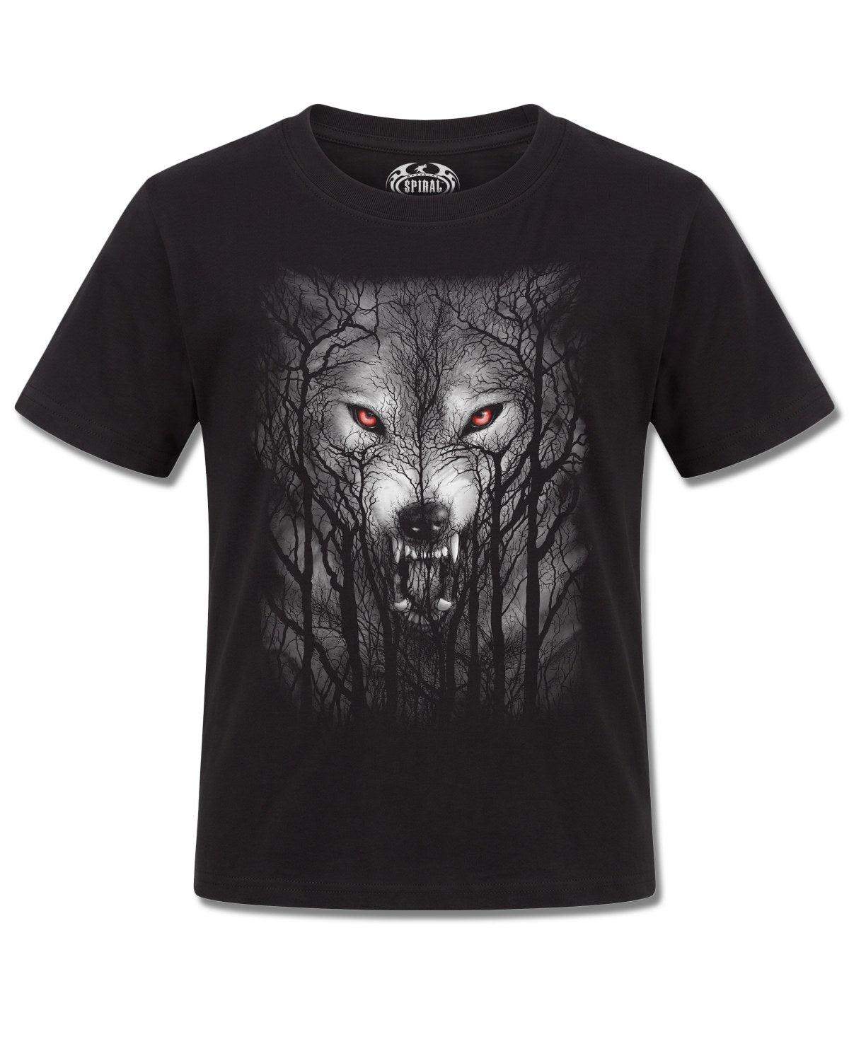 Spiral Forest Wolf design, front view on Black K121, Rock Off Retail official merch