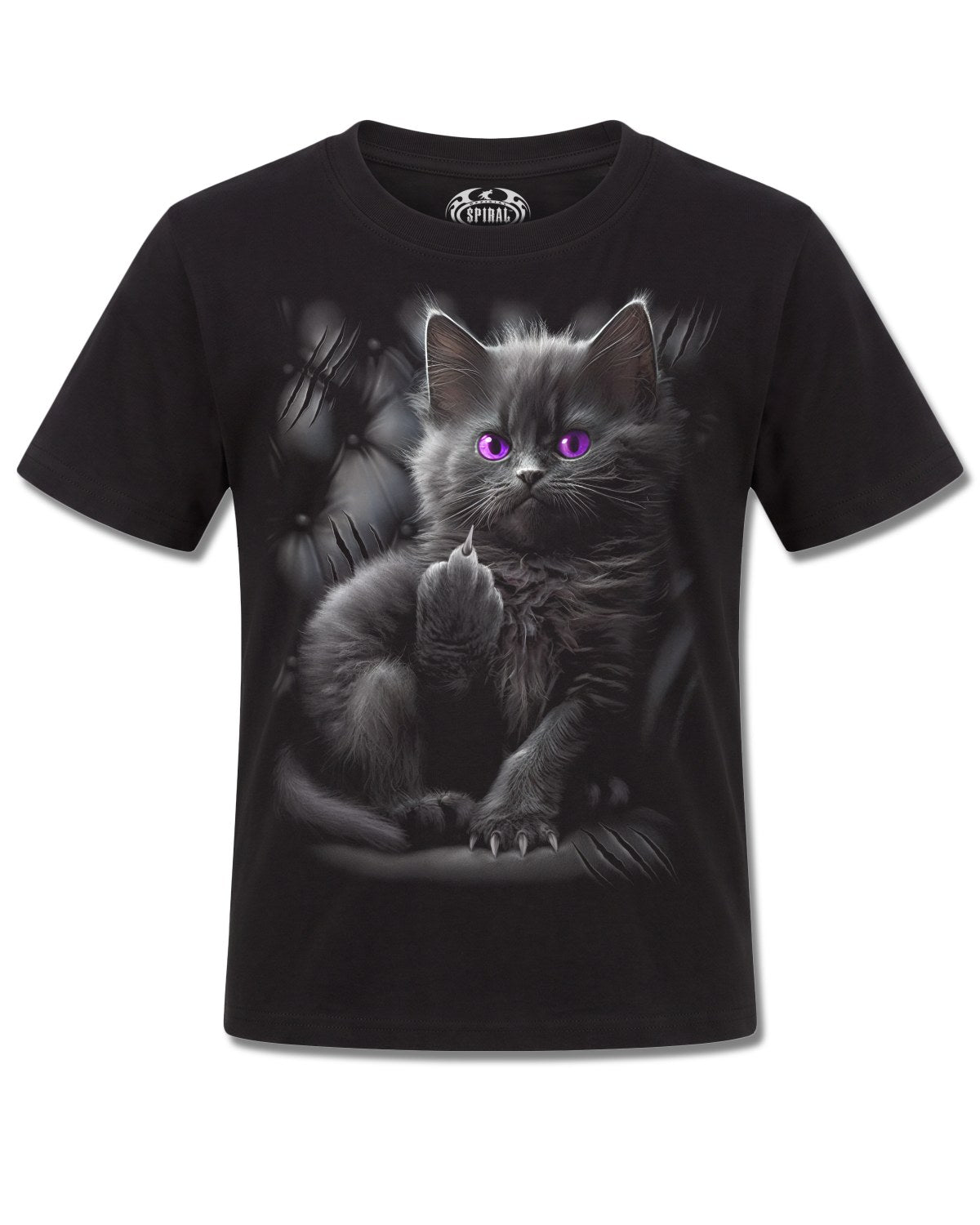 Spiral Cattitude design, front view on Black K121, Rock Off Retail official merch