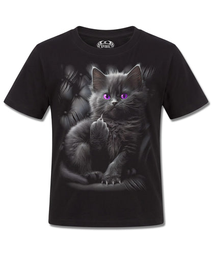 Spiral Cattitude design, front view on Black K121, Rock Off Retail official merch