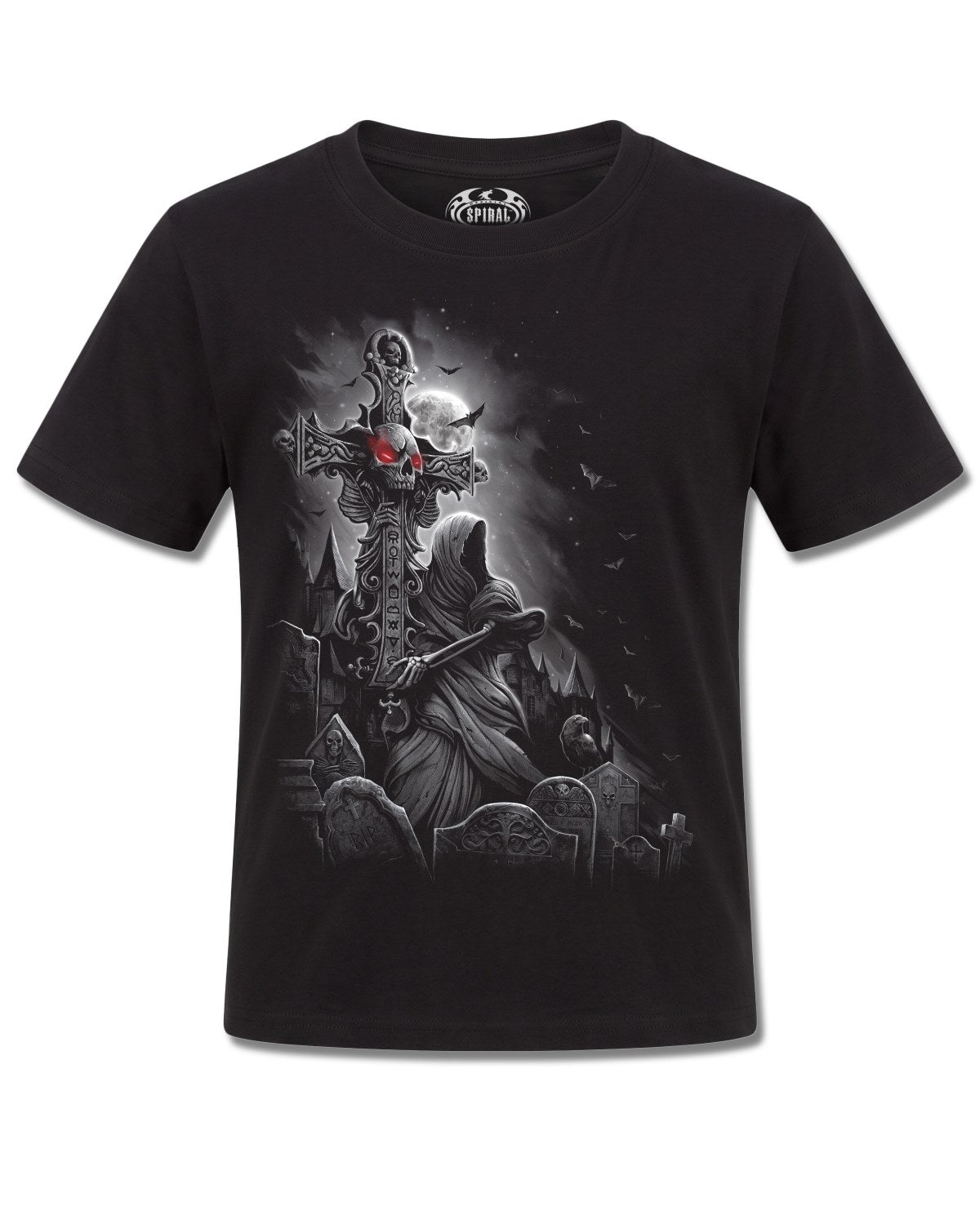 Spiral Grave Walker design, front view on Black K121, Rock Off Retail official merch