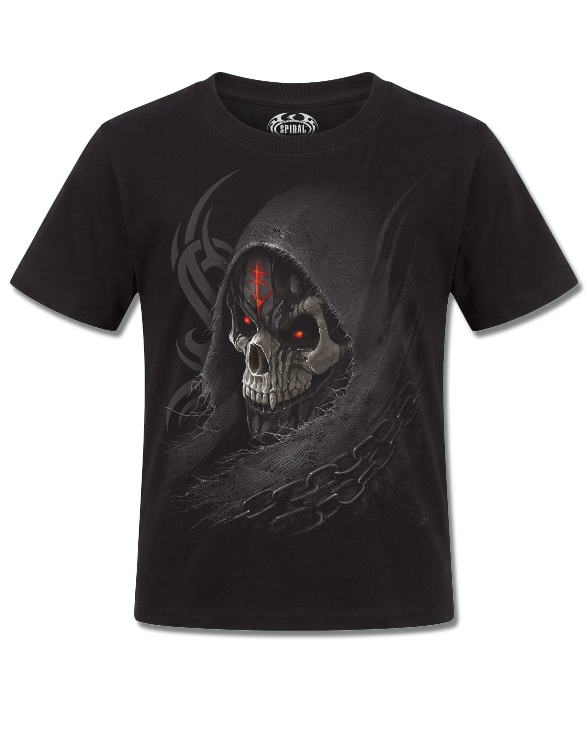Spiral Dark Death design, front view on Black K121, Rock Off Retail official merch