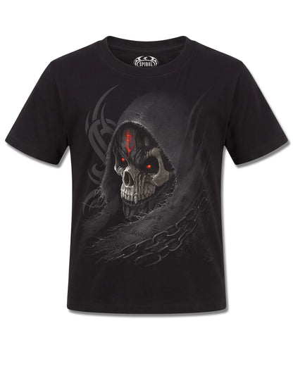 Spiral Dark Death design, front view on Black K121, Rock Off Retail official merch