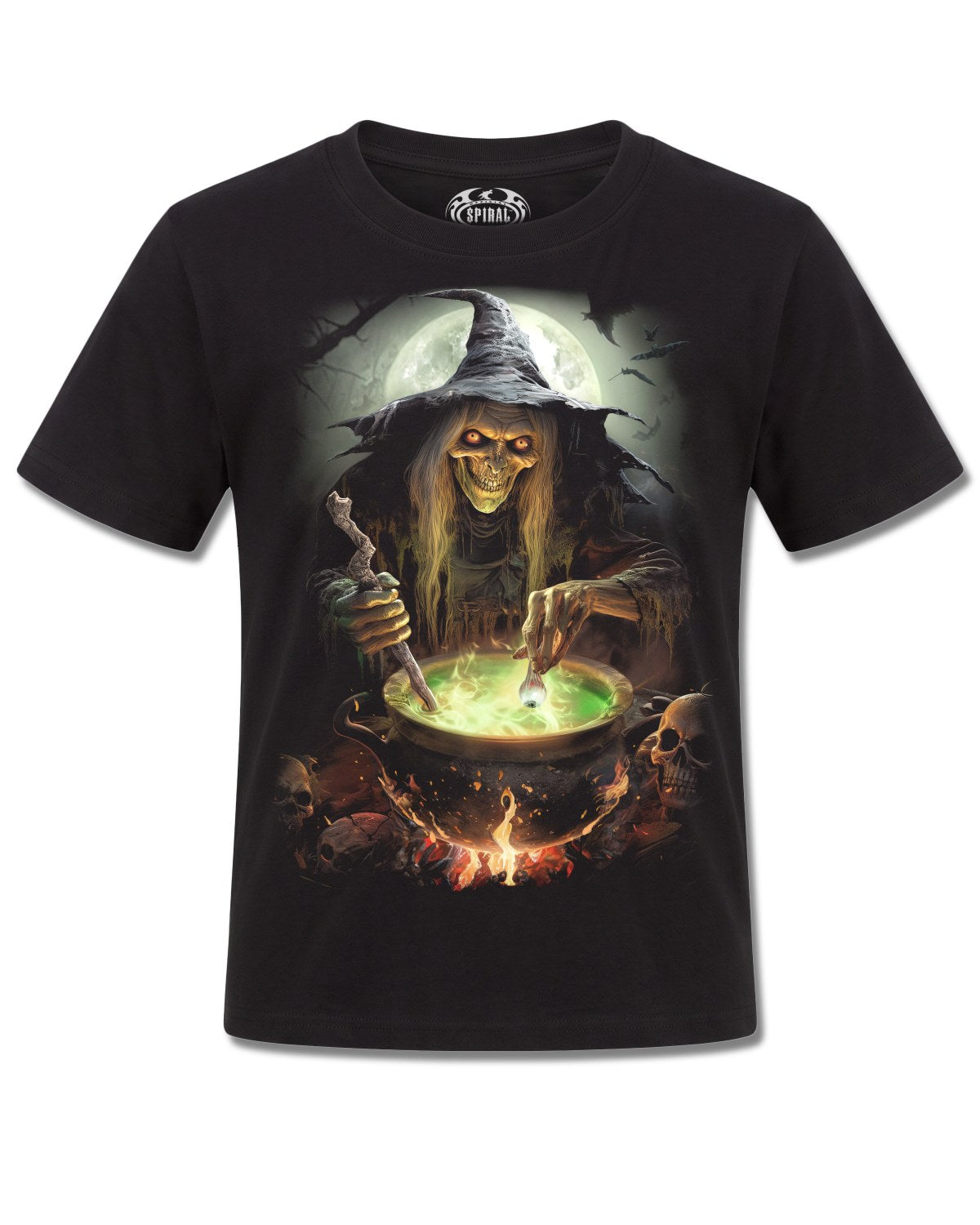 Spiral Witch's Brew design, front view on Black K121, Rock Off Retail official merch