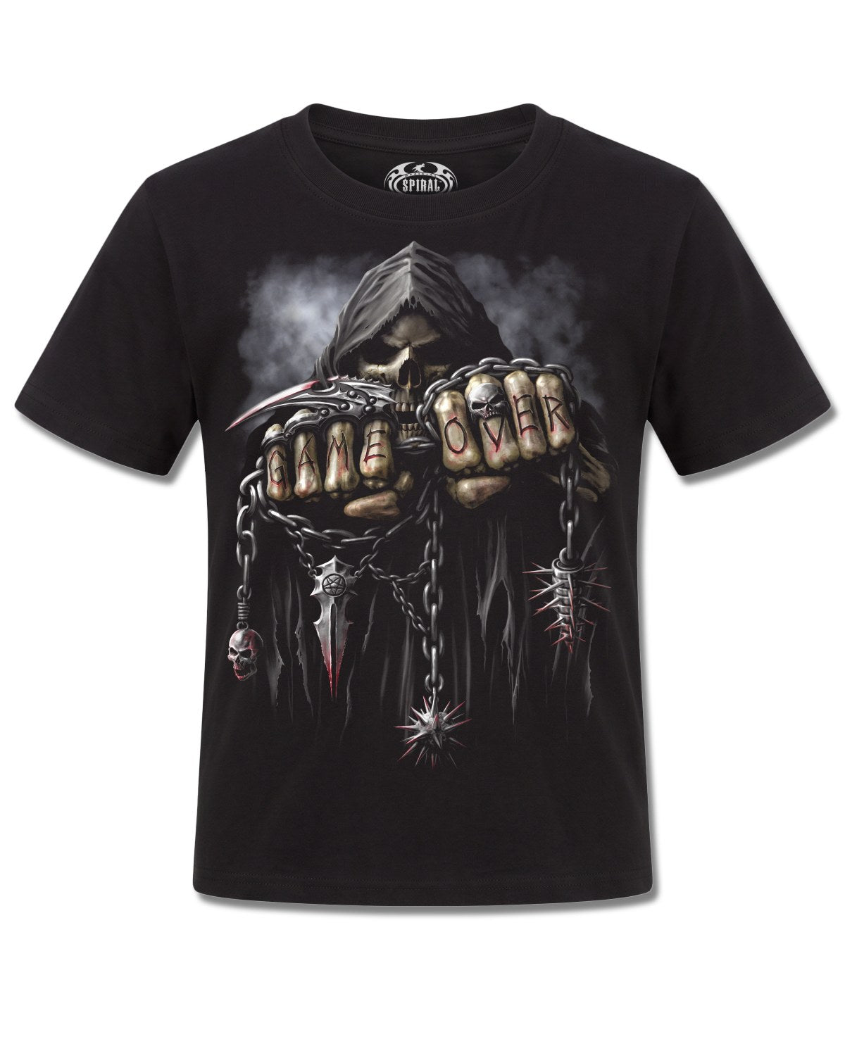 Spiral Game Over design, front view on Black K121, Rock Off Retail official merch