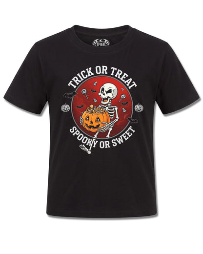 Spiral Spooky Or Sweet design, front view on Black K121, Rock Off Retail official merch