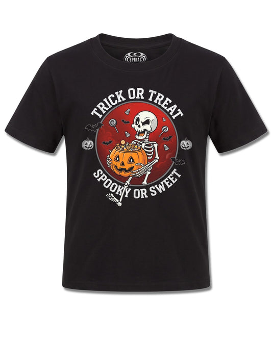Spiral Spooky Or Sweet design, front view on Black K121, Rock Off Retail official merch