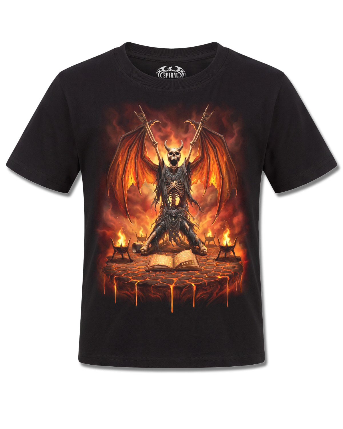 Spiral Skeletal Worship design, front view on Black K121, Rock Off Retail official merch