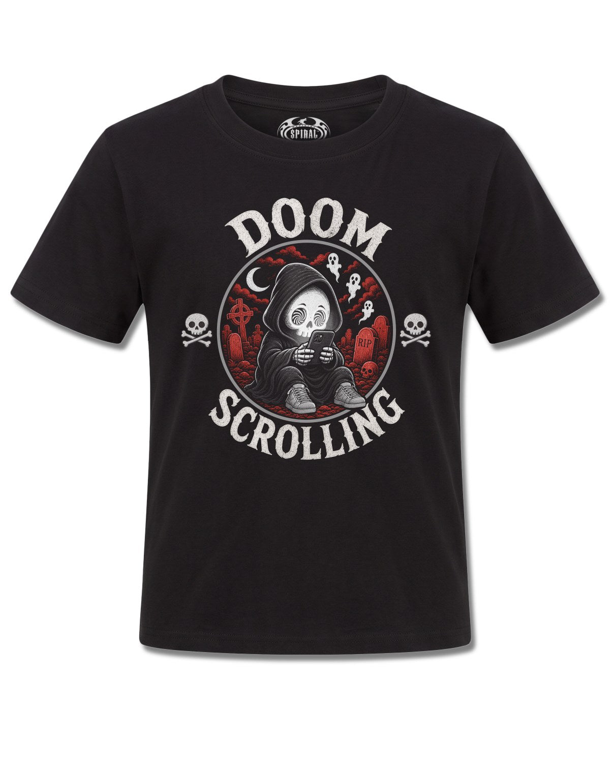 Spiral Doom Scrolling design, front view on Black K121, Rock Off Retail official merch