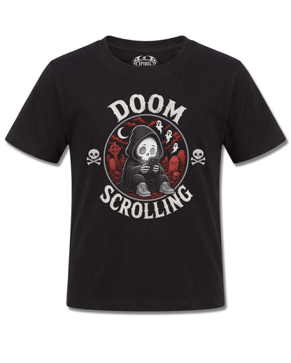 Spiral Doom Scrolling design, front view on Black K121, Rock Off Retail official merch