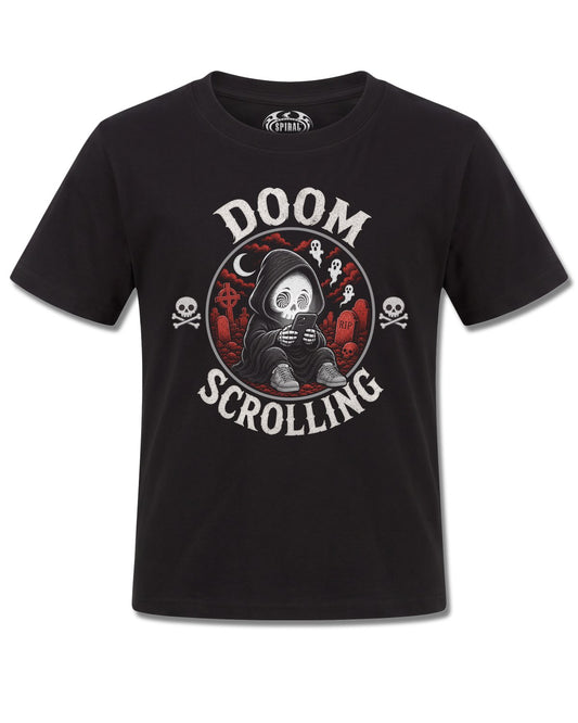 Spiral Doom Scrolling design, front view on Black K121, Rock Off Retail official merch