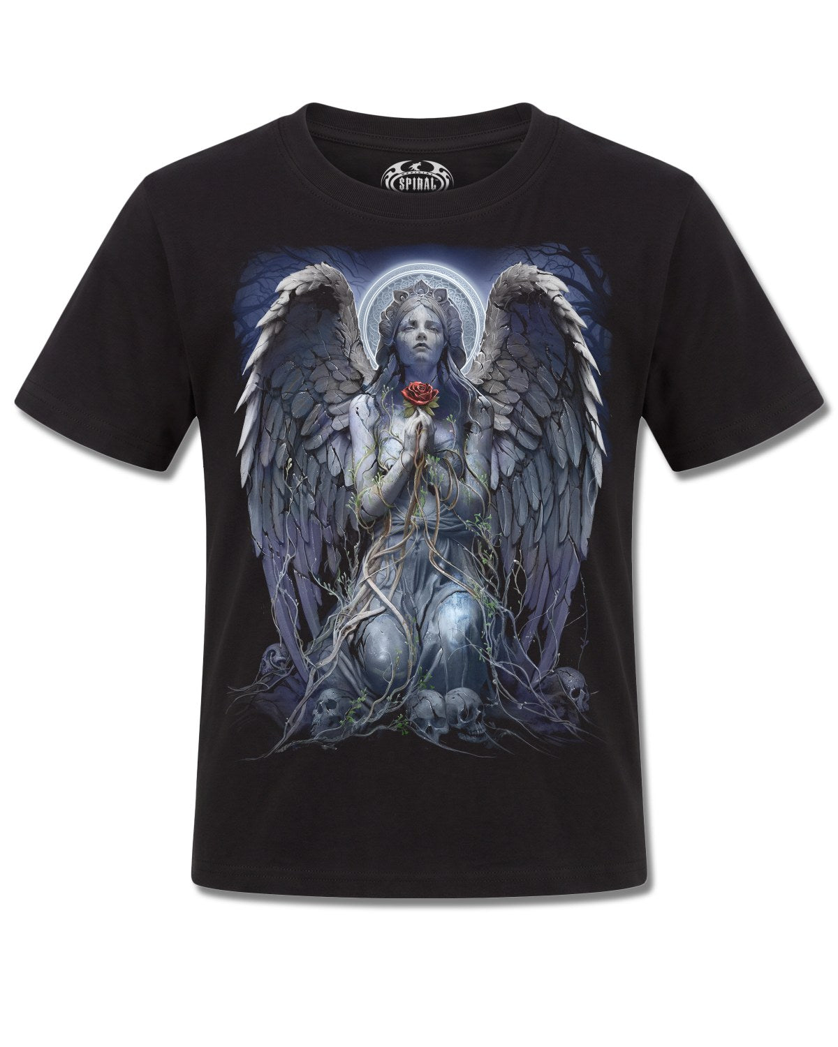 Spiral Grieving Angel design, front view on Black K121, Rock Off Retail official merch