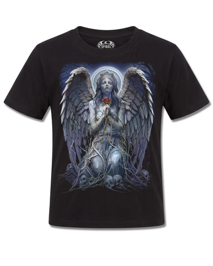 Spiral Grieving Angel design, front view on Black K121, Rock Off Retail official merch