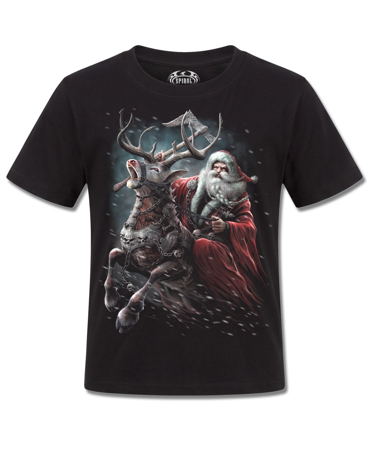 Spiral Sleigher design, front view on Black K121, Rock Off Retail official merch