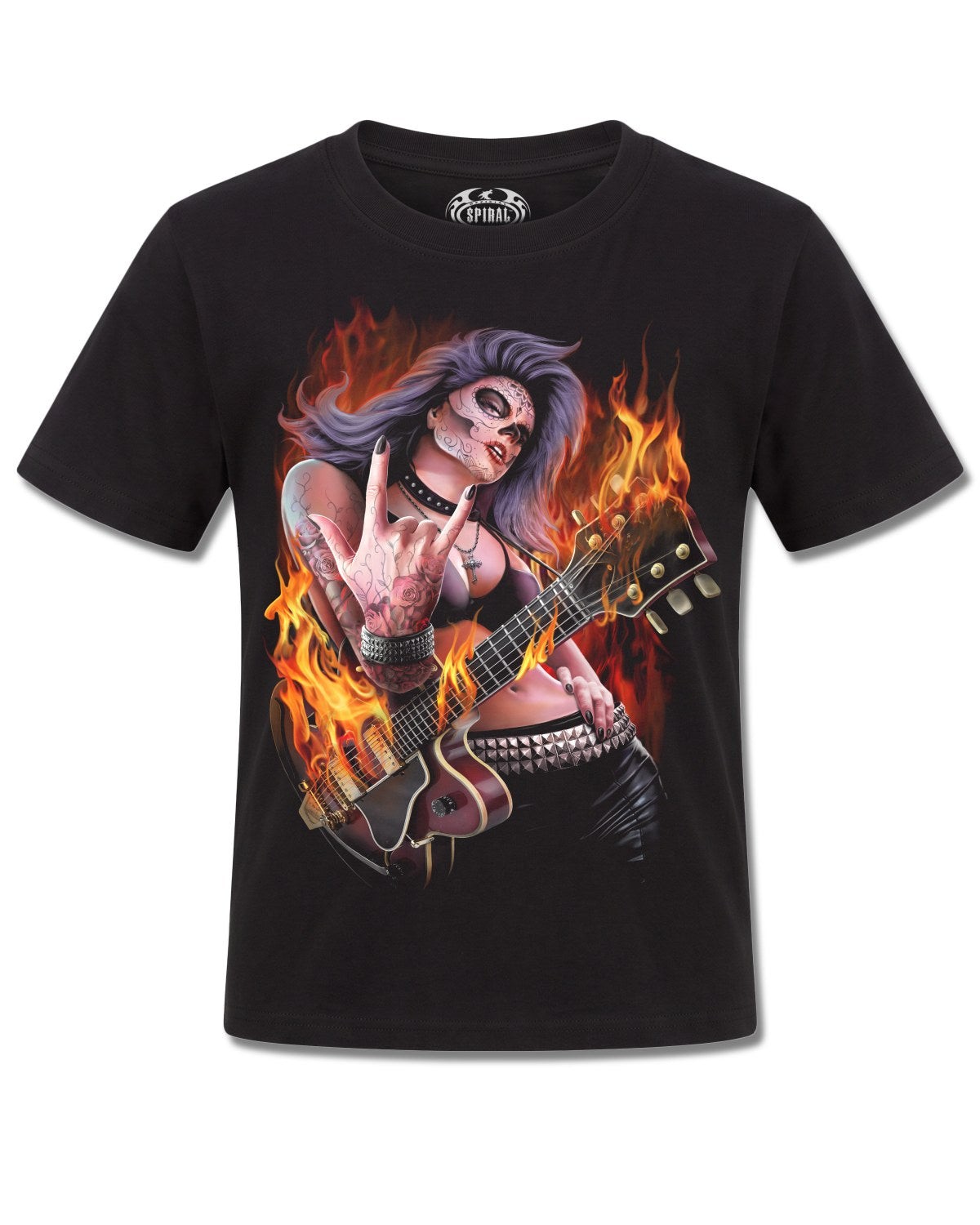 Spiral Rocking The Dead design, front view on Black K121, Rock Off Retail official merch