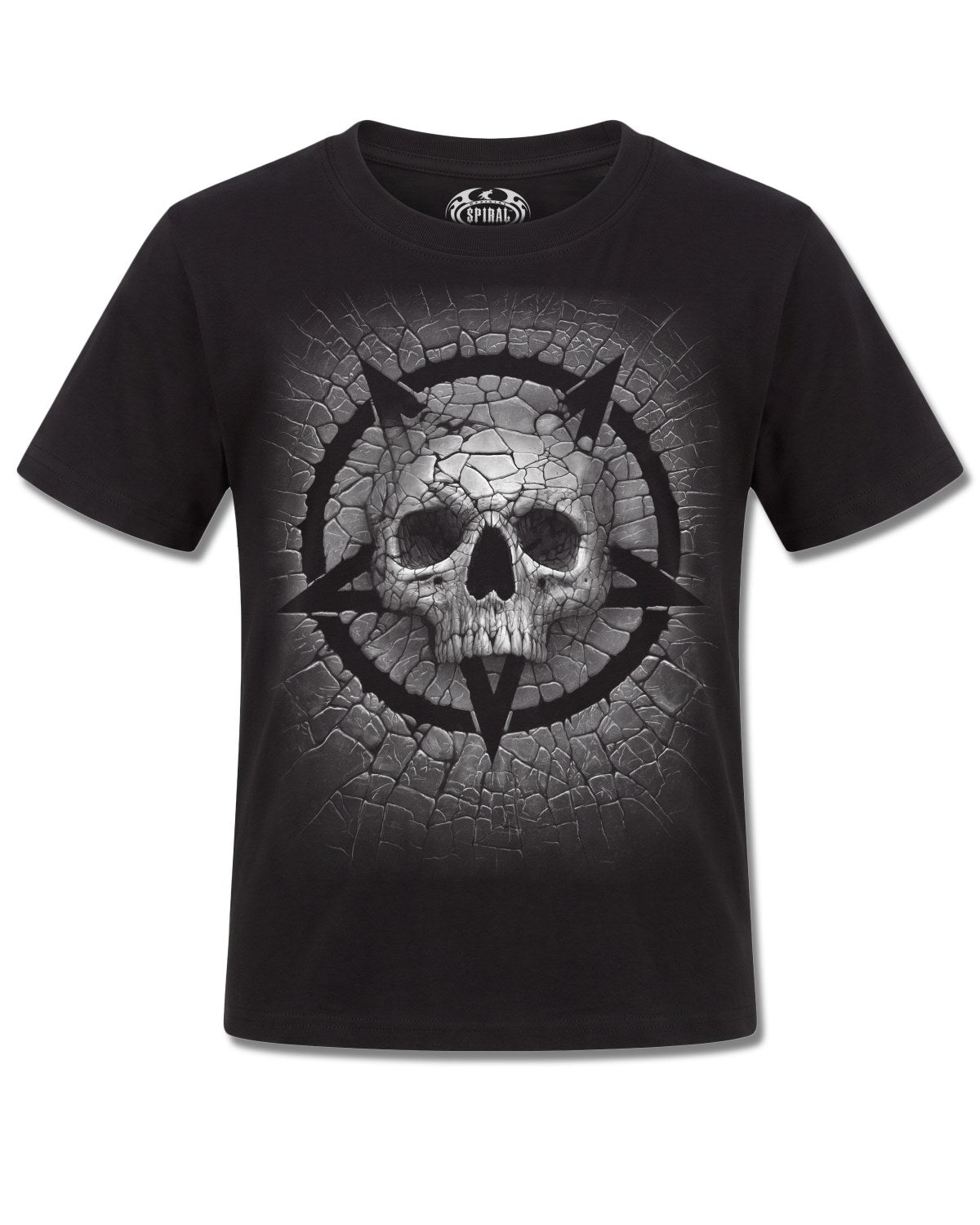 Spiral Cracking Up design, front view on Black K121, Rock Off Retail official merch
