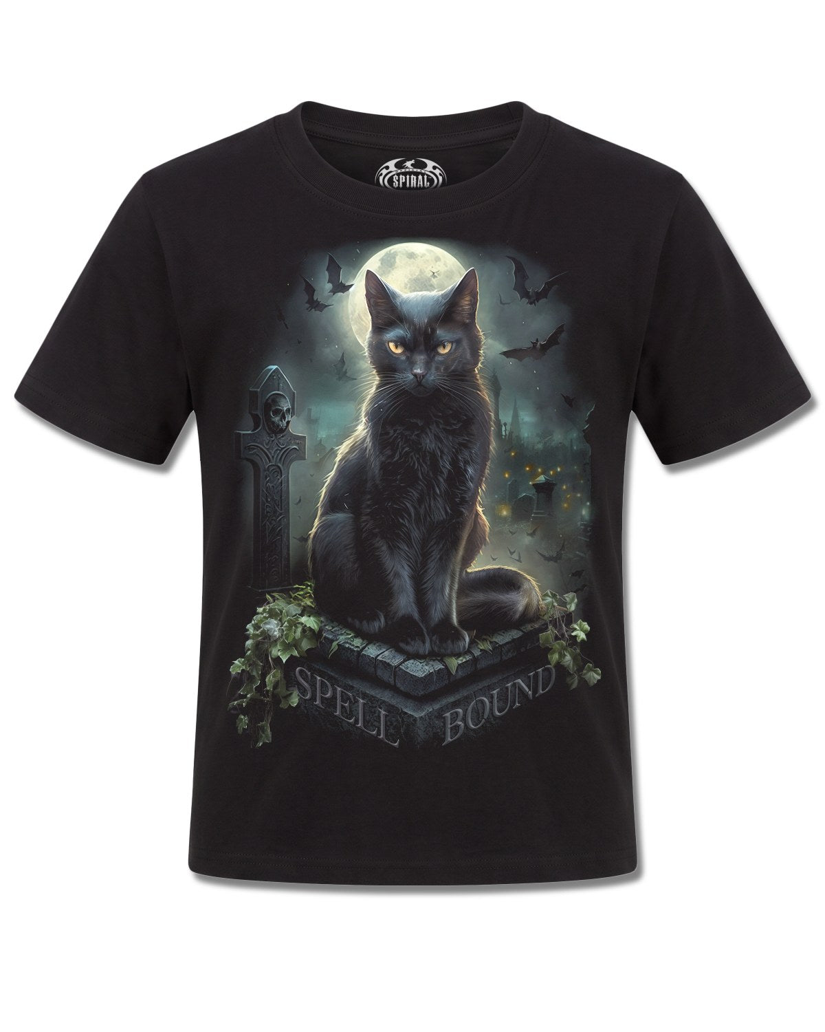 Spiral Spell Bound design, front view on Black K121, Rock Off Retail official merch