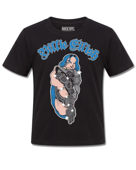 Billie Eilish Bling Glitter Print (Billie Eilish) design, front view on Black K121, Rock Off Retail official merch