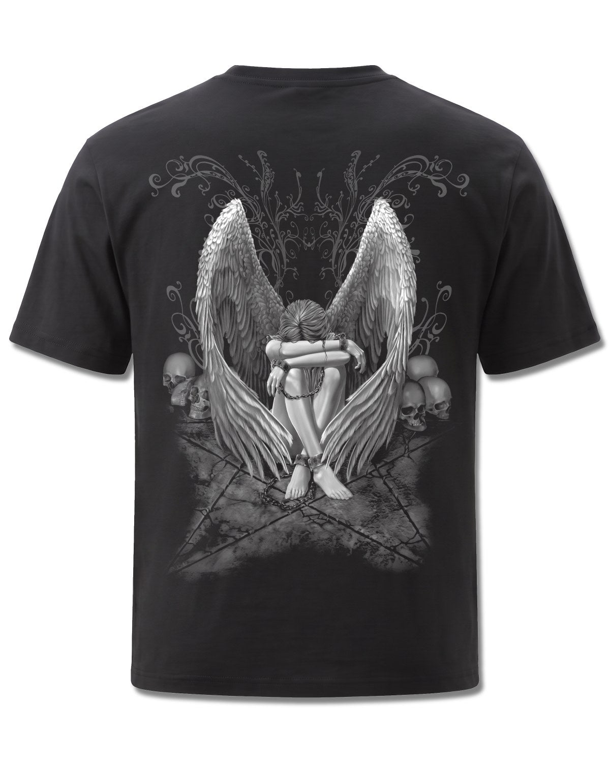 Spiral Enslaved Angel design, back view on Black M101, Rock Off Retail official merch