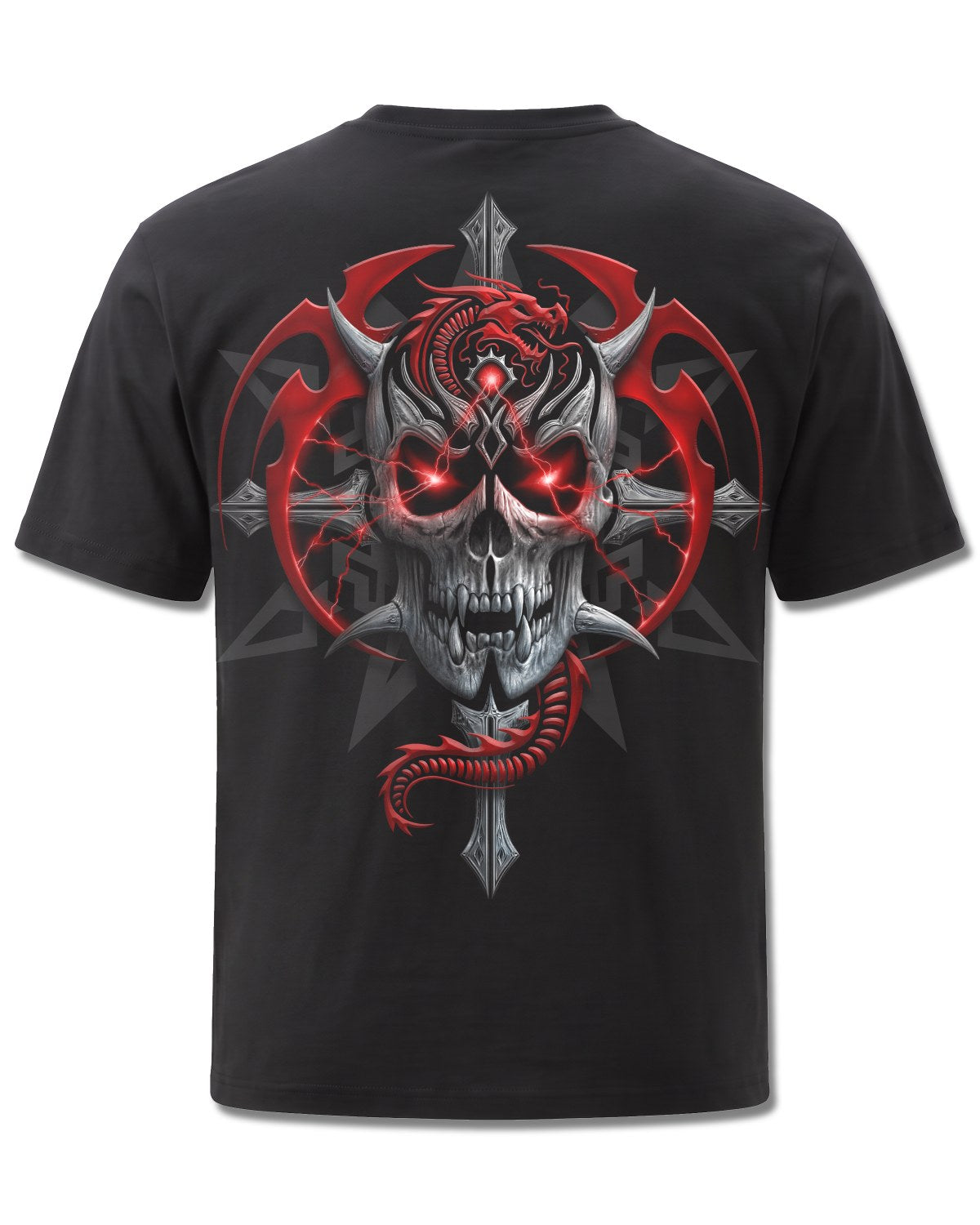 Spiral Aku No design, back view on Black M101, Rock Off Retail official merch