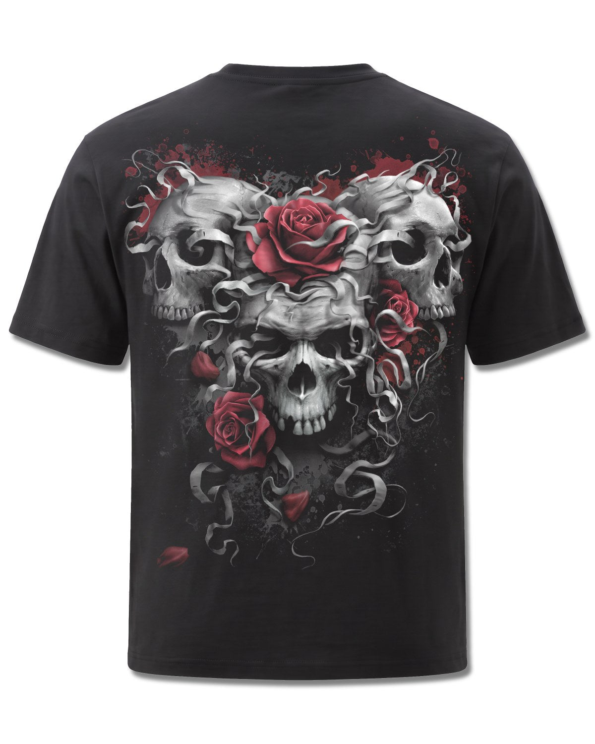 Spiral Skulls N' Roses design, back view on Black M101, Rock Off Retail official merch