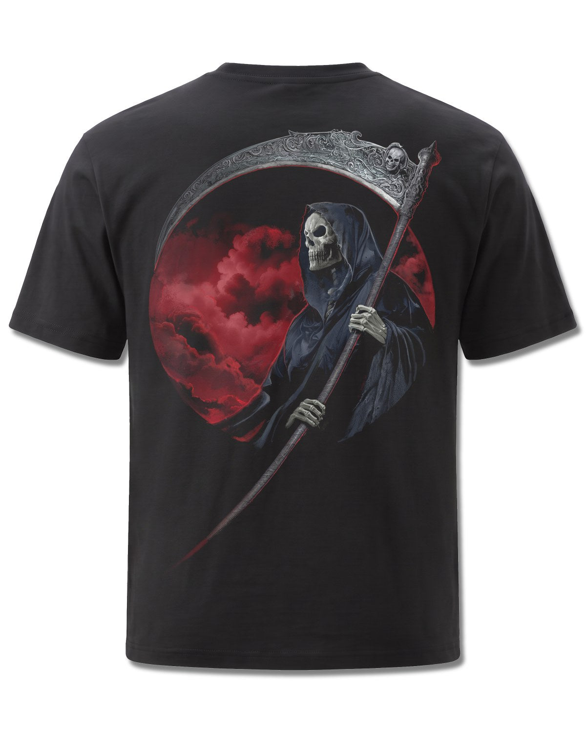 Spiral Reaper Revenge design, back view on Black M101, Rock Off Retail official merch