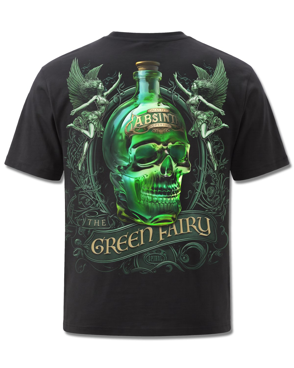 Spiral The Green Fairy design, back view on Black M101, Rock Off Retail official merch