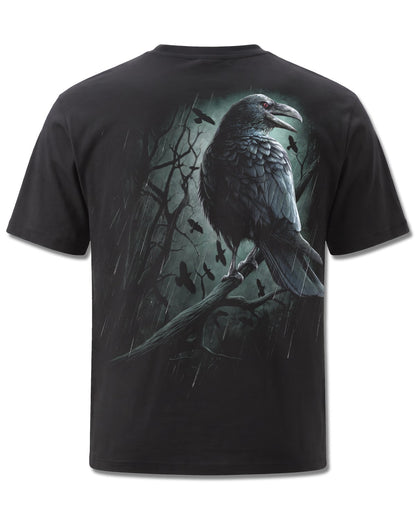 Spiral Shadow Raven design, back view on Black M101, Rock Off Retail official merch